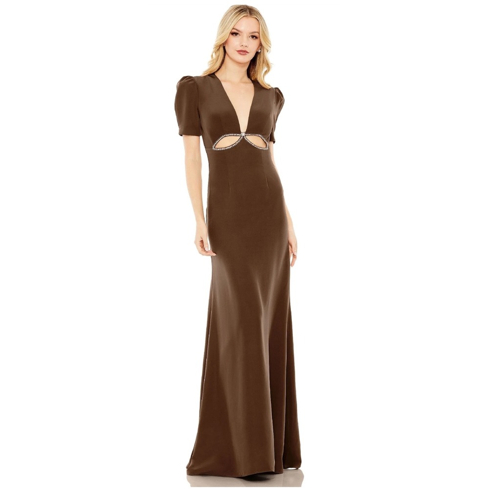Ieena for‎ Mac Duggal Brown Satin Cutout Rhinestone Bow Gown Dress Espresso 8